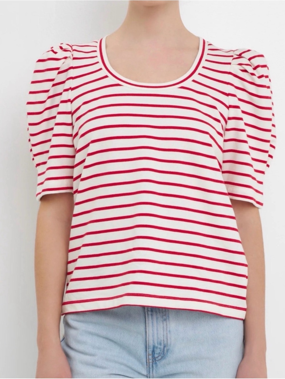 English Factory Red and White Striped Puff-Sleeve Tee